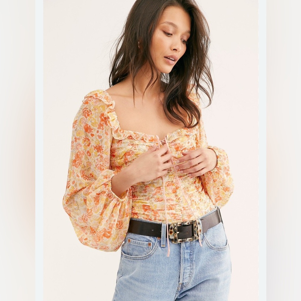 FREE PEOPLE EUC Mabel Floral Printed Ruched Blouse Sz XS